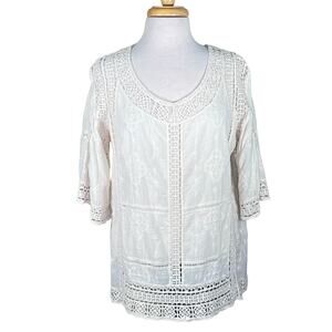 Democracy Women’s Ivory Gauzy Cotton Crochet Trim 3/4 Sleeve Boho Top Medium EUC